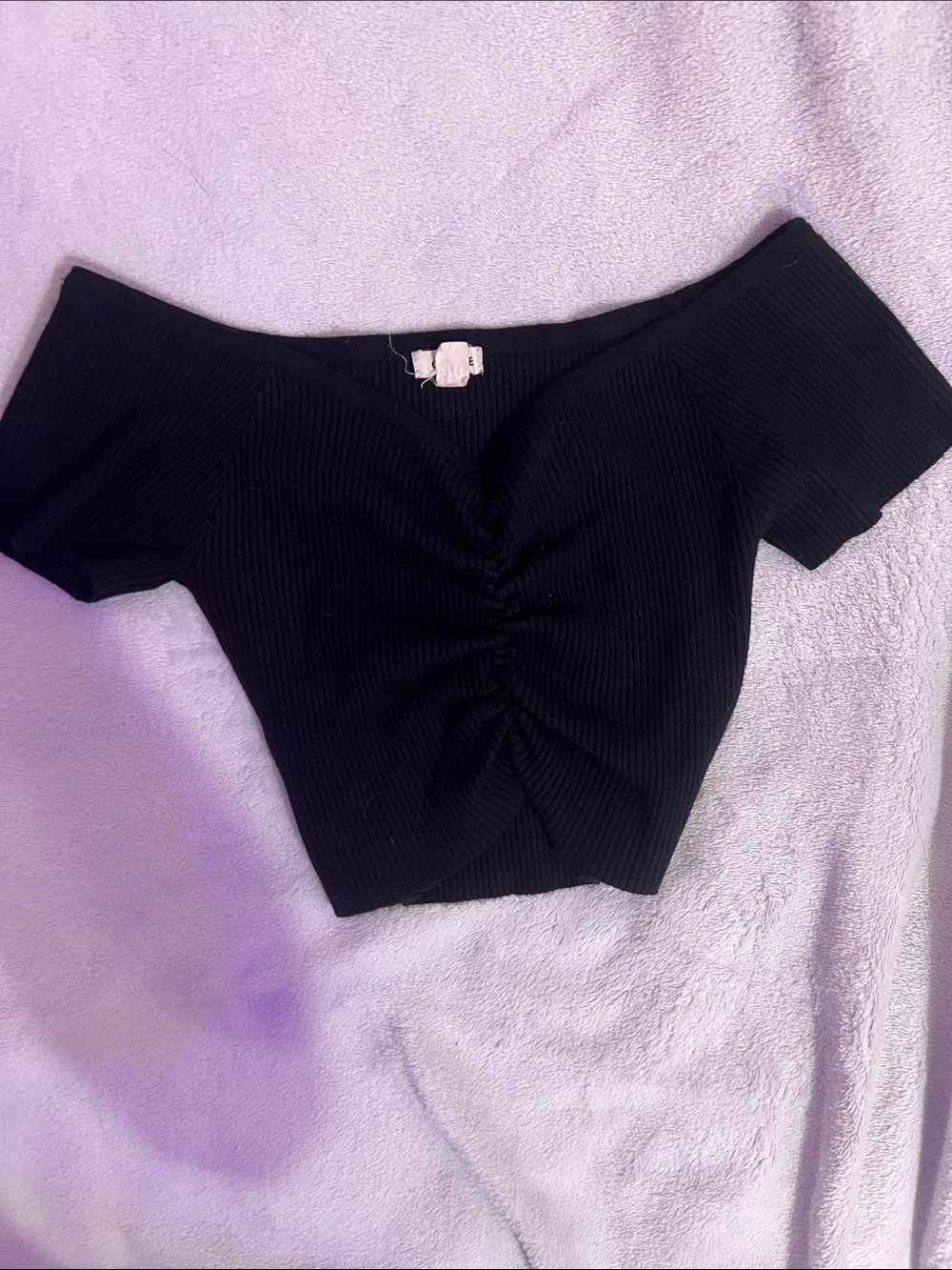 Garage Black Off-Shoulder Ruched Ribbed Crop Top